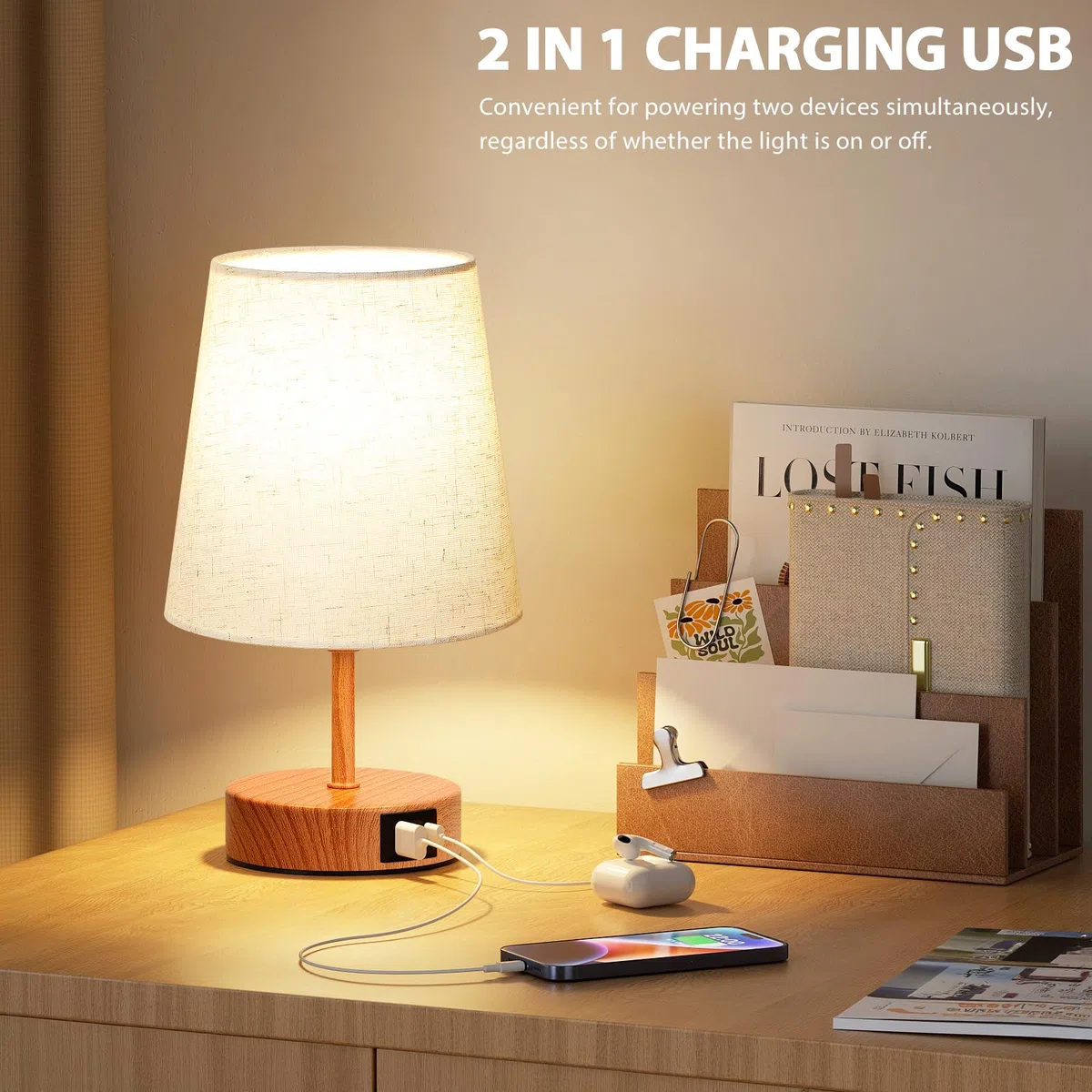 Lampada da Comodino Touch con Porte di Ricarica USB-C+A, Dimmerabile a 3 Vie, Paralume in Lino Base in Legno Scuro, Piccola Lampada da Tavolo per Camera da Letto Soggiorno Ufficio