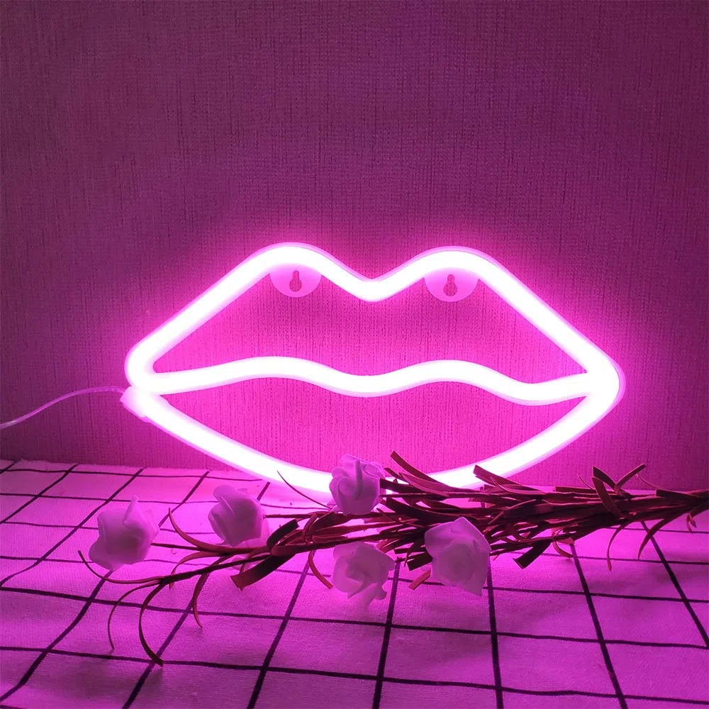 ENUOLI Pink Lip Insegne al neon Luce notturna al neon Applique da parete al neon Led Arte decorativa Luci al neon Lampada a led a batteria o USB per la festa di Natale Compleanno Matrimonio