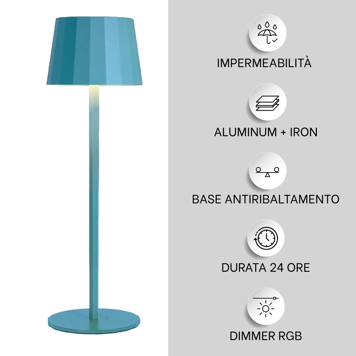 Rainbow Lampada da Tavolo Design Senza Fili Impermeabile IP54 in Alluminio Autonomia 23 Ore, Lampada Dimmerabile Led RGB Ricaricabile con Touch Control e Sistema Antiribaltamento (Azzurro)