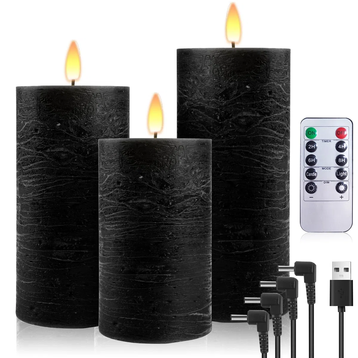 Candele LED Ricaricabili, [Set di 3] Candele a Colonna in Vera Cera, Senza Fiamma Candele LED con Cavo USB, con Telecomando a 10 Ttasti e Funzione Timer per Casa Festival Decorazioni - Nero