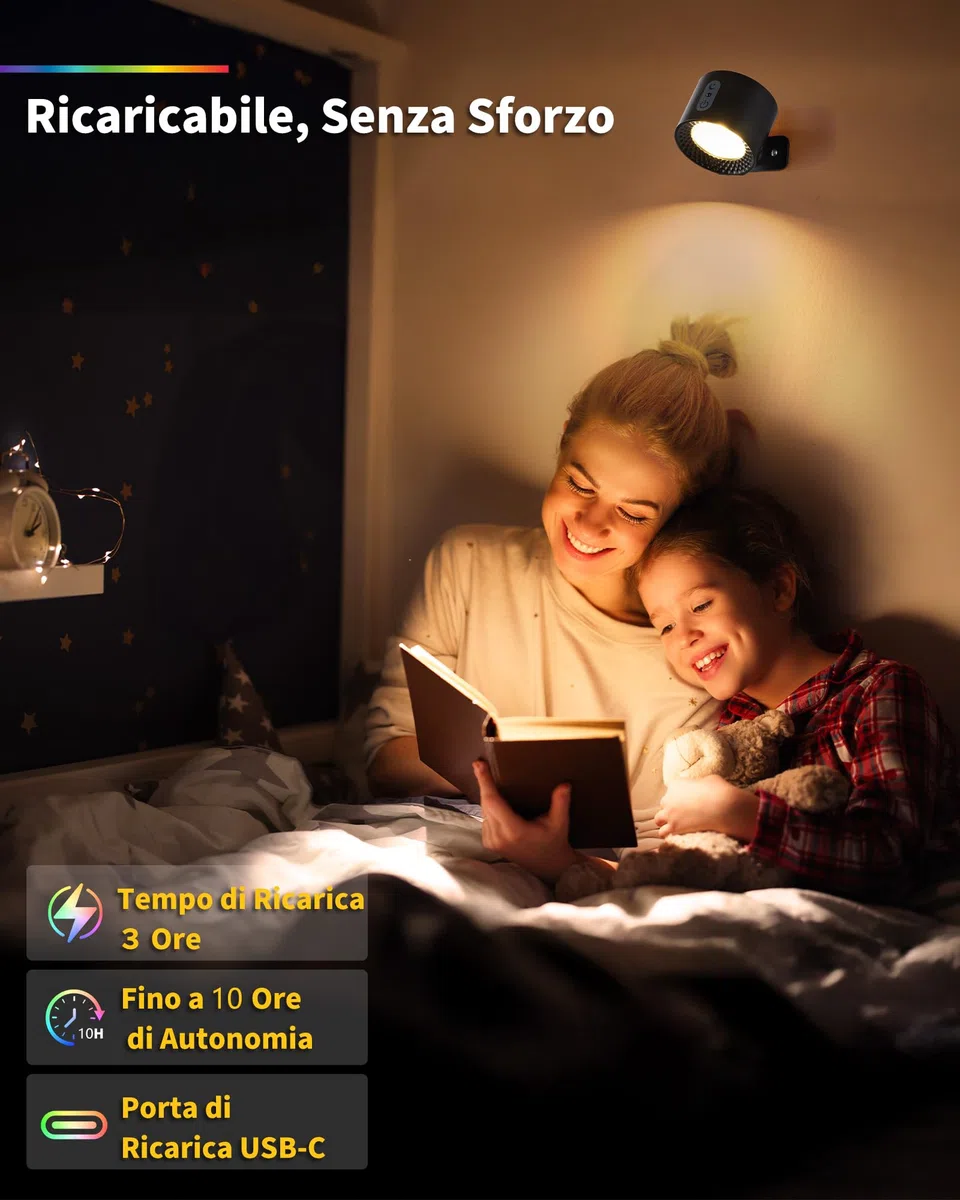 Set 2 Applique da Parete Senza Fili Ricaricabile LED per Interni, Nero, Lampada da Parete RGB 7 Colori Dimmerabile con Telecomando, Touch e Timer, per Camera da Letto Bagno e Cucina