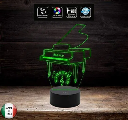 Generico Idea Regalo Musicista Piano Lampada LED Pianoforte Personalizzabile con Nome Musica - Acrilico e ABS - 7 Colori