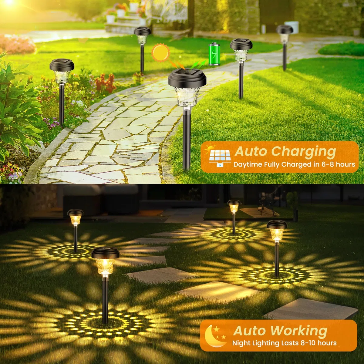 Luci da Esterno Giardino Solari 8 Pezzi, Lampade Solari da Giardino con Luce Calda e 7 Colori RGB, Illuminazione Luci Solare Esterno Impermeabile IP65 per Sentieri, Decorazione di Giardini
