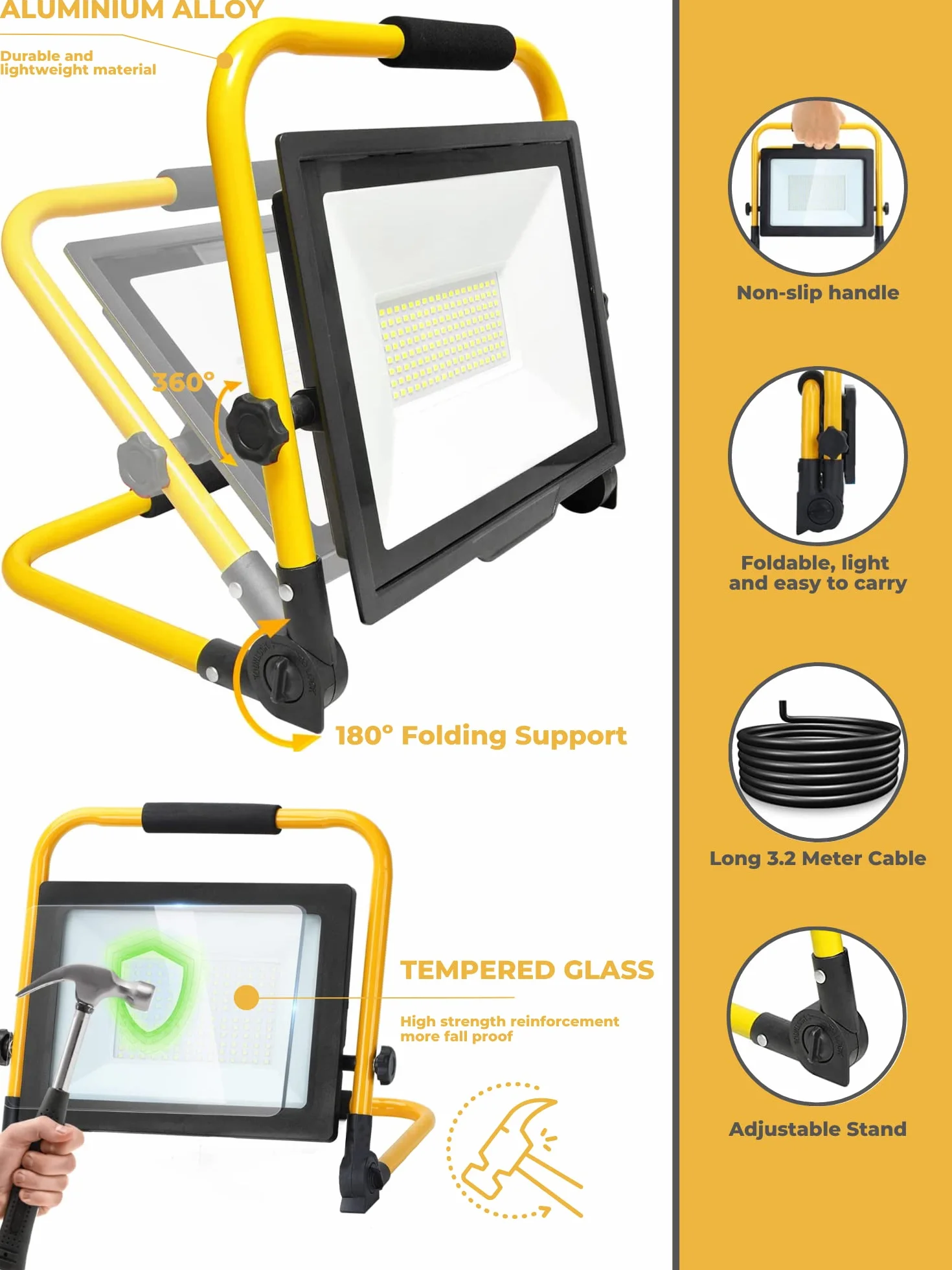 Faretto LED da Cantiere 50W, Faretto Portatile, Luce di Inondazione Bianca 6000K, 5000LM, Girevole a 360º, Impermeabile IP65, Pieghevole, cavo da 3 m. Illuminazione esterna, Officina, Lavoro, Garage