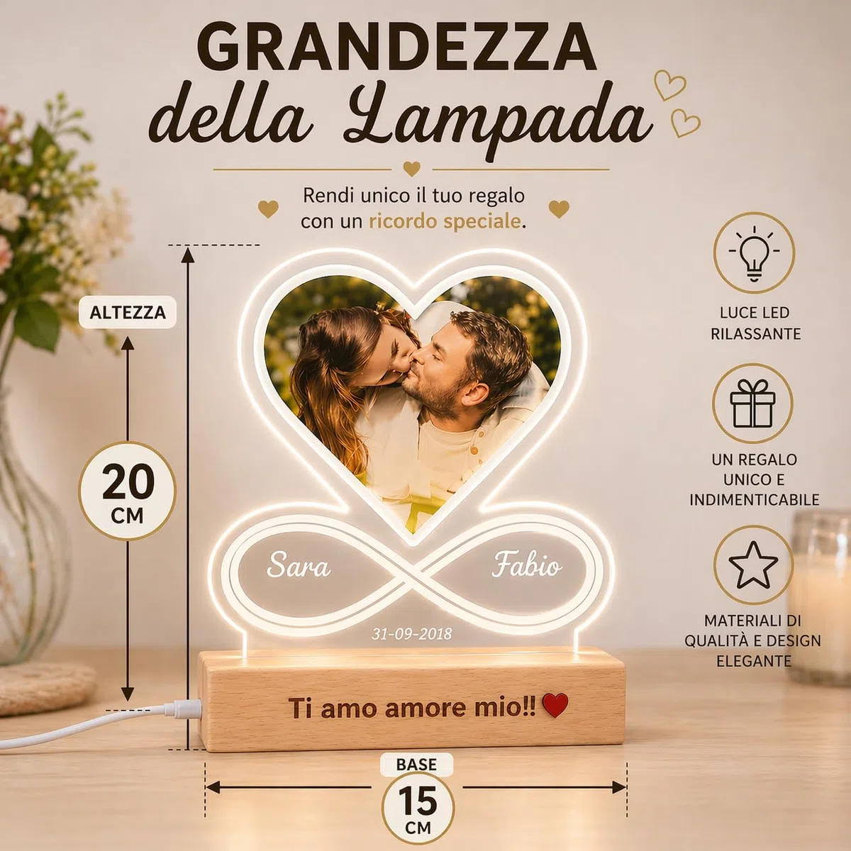 SBUGATTA |Lampada Personalizzata Con Foto |Idea Per lei e Lui |Festa della Mamma |idea San Valentino |Regalo Anniversario | Natale | Matrimonio(Cuore-Infinito)