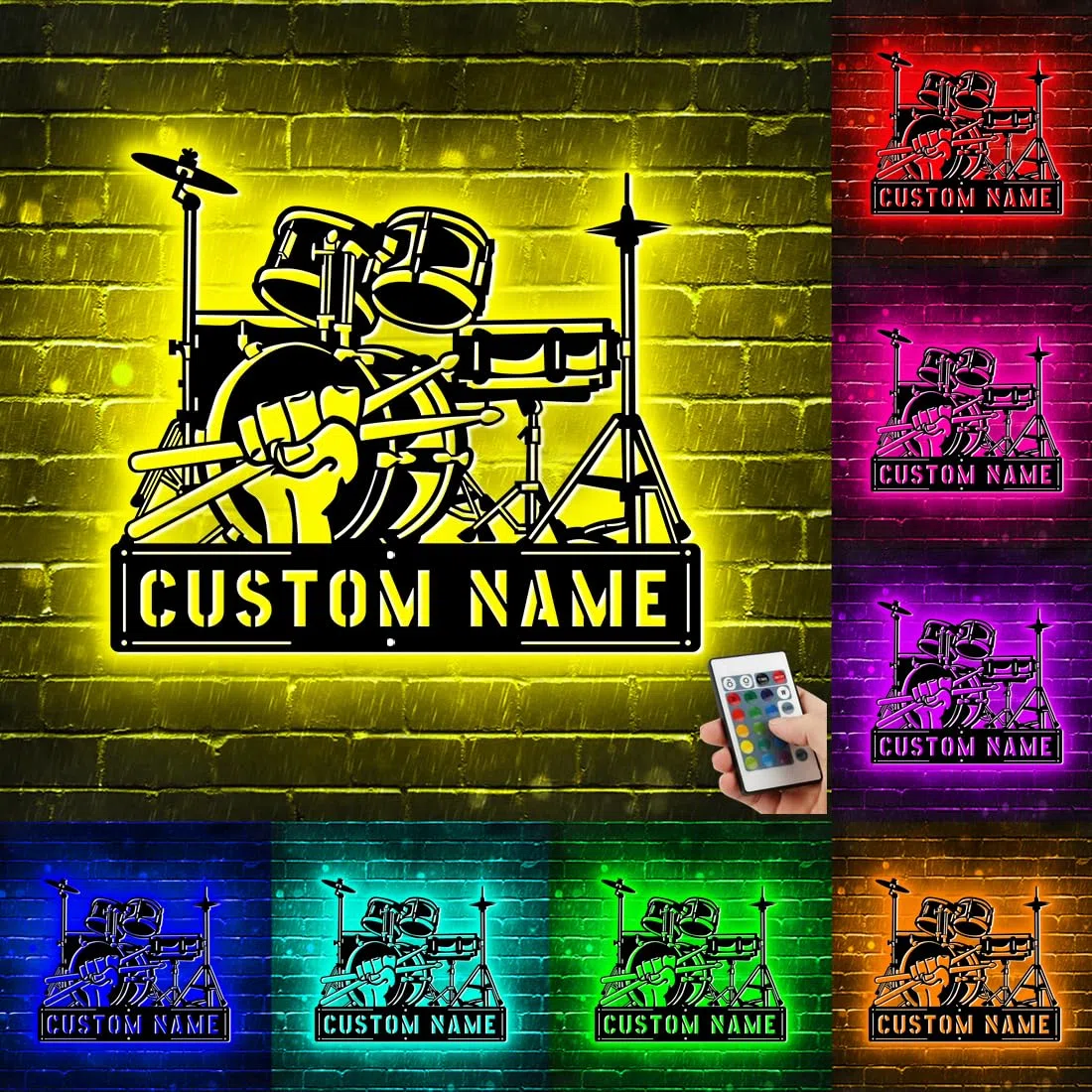 Insegna Personalizzata per Batterista in Metallo con Luci Musicali per Arte Murale, Insegna Personalizzata per Performance di Batteria con Nome in Metallo Neon RGB Led per Decorazione della