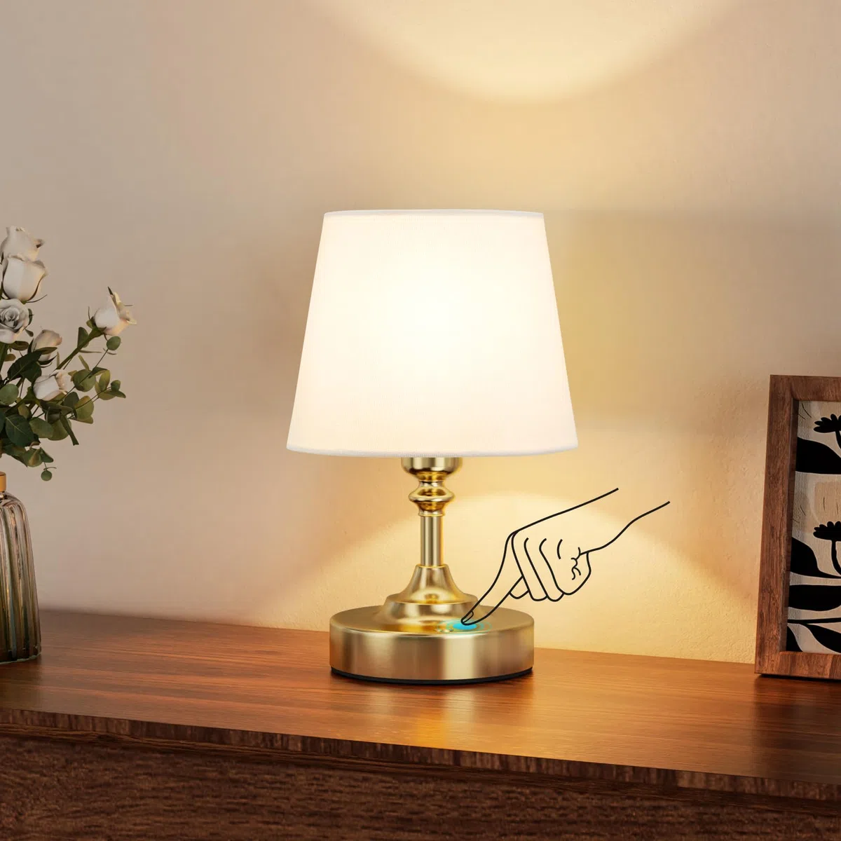 Piccolo Lampada da Tavolo LED Senza Fili, Batteria Ricaricabile, Dimmerabile, Paralume in Lino Bianco, Lampada da Comodino LED per Camera da letto, Sala da Pranzo, Soggiorno, Deco(Ottone)