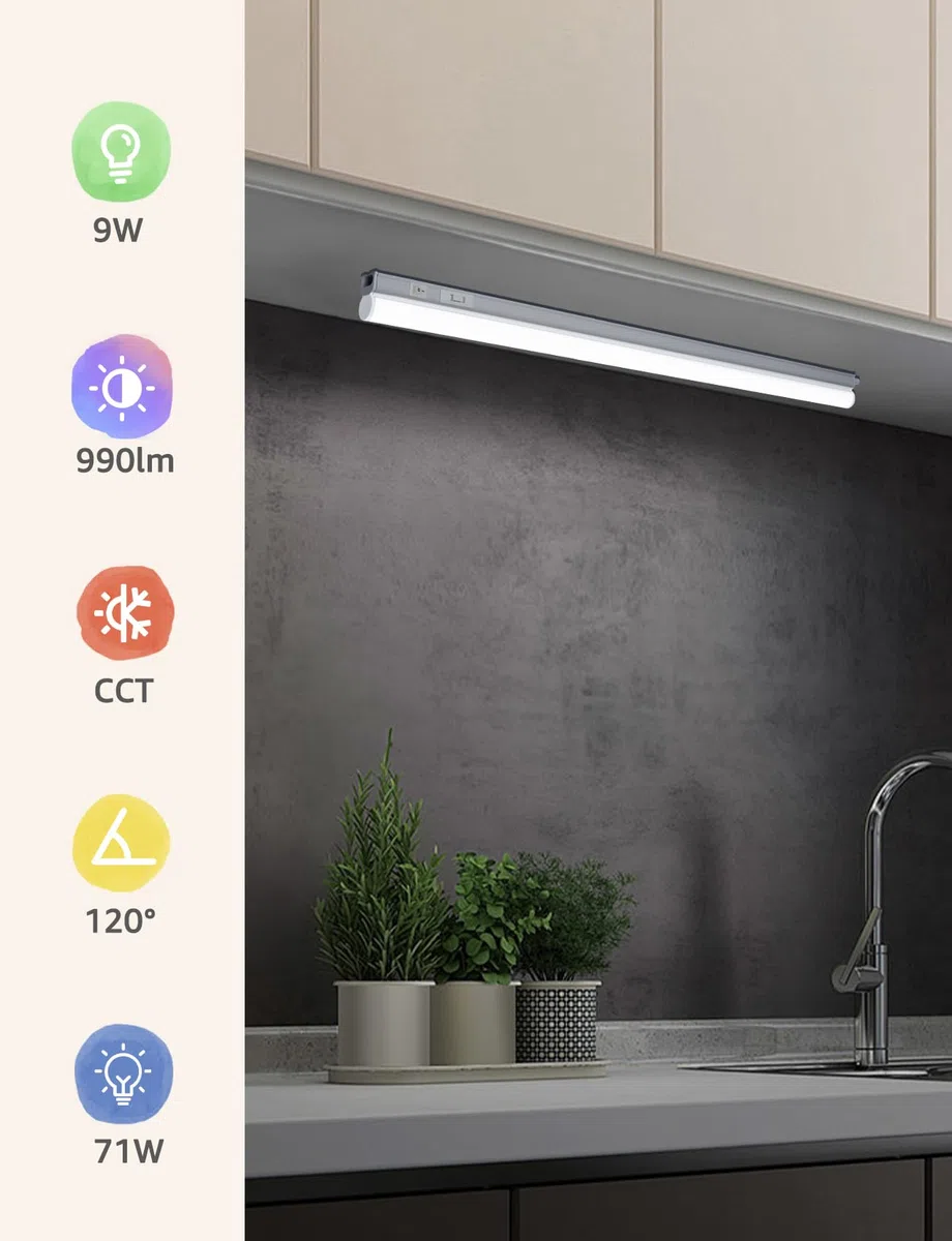 Aigostar LED Sottopensile Cucina con Interruttore 9W CCT 990LM Barra LED Sottopensile IP20 230V, 3000K/4000K/6500K, Adatto a cucina, armadio, scaffali. 572 * 34 * 23mm, 2 pcs