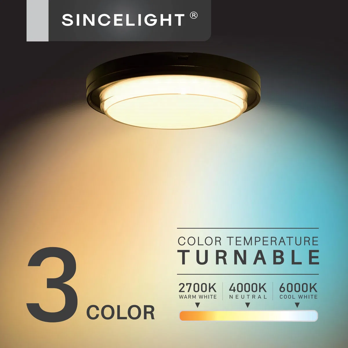 SINCELIGHT LED Plafoniere o Applique per Esterni e Bagno, IP65 Impermeabile, Φ222mm, 18W, 2000lm, Moderna Lampade da Soffitto, Nero, Colore Regolabile da Bianco Caldo a Bianco Freddo