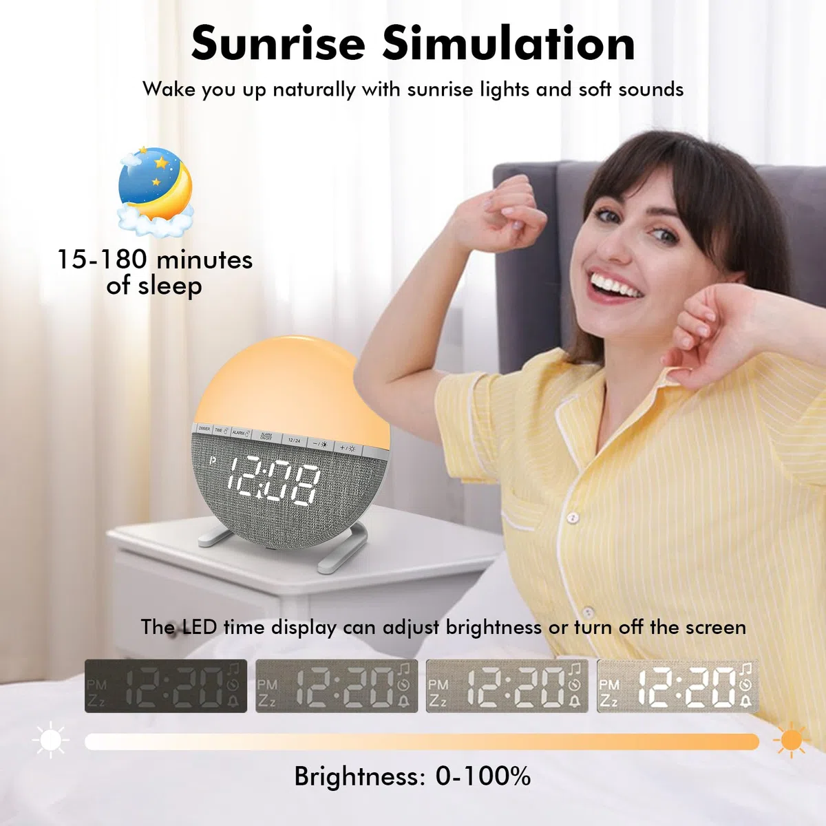 GOMETY Sveglia digitale con sorgente del sole, sveglia digitale con snooze, 7 suonerie, 9 colori, luce notturna, sveglia Sunrise, per camera da letto, bambini e adulti, bianco caldo
