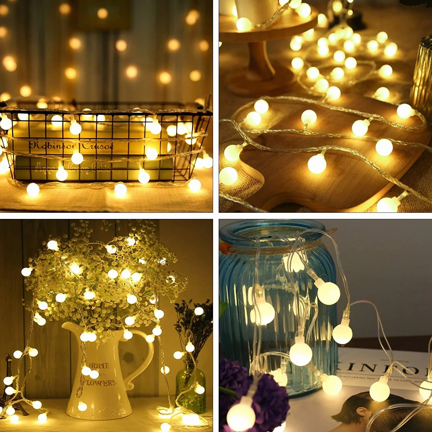 Ghirlanda luminosa a sfera, 15 m, 120 LED, ghirlanda luminosa da esterno/interno, con spina, 8 modalità con telecomando, per camera da letto, interno, giardino, Natale e matrimonio (bianco caldo)