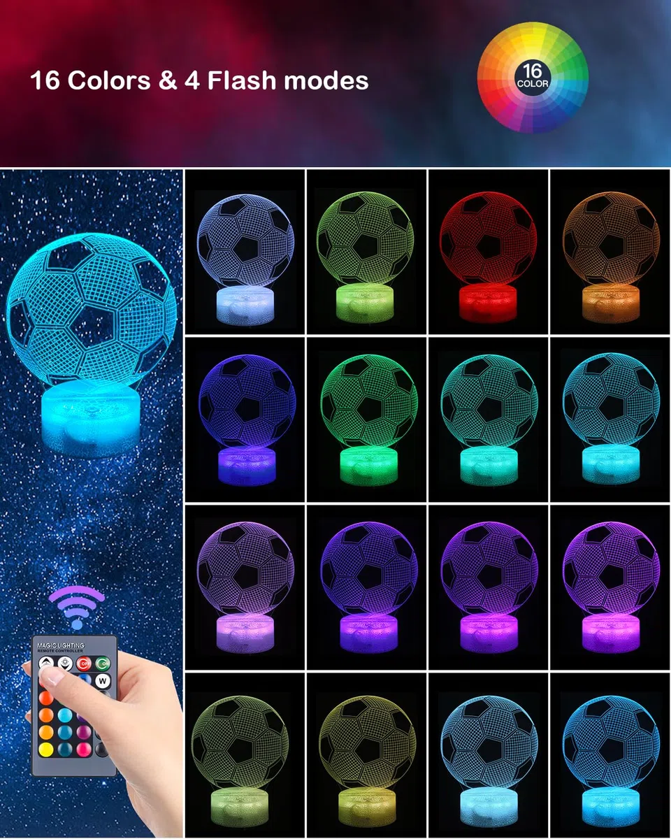Yulado Luci Notturna 3D, Lampade 3D Illusione Ottica Luce Notturna con 16 Cambi di Colore e Telecomando, Regalo de Calcio per Bambini 7 anni maschio