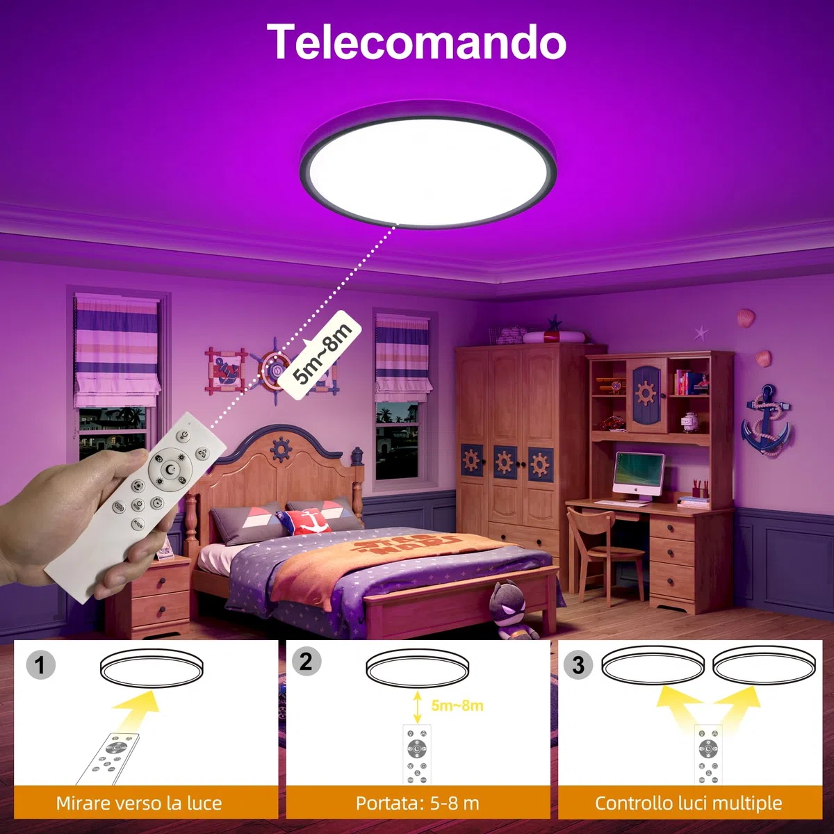 DetarZinLED Plafoniera LED Soffitto Camera da Letto, 24W 2700LM 30cm Lampada da Soffitto Tonda Dimmerabile con Telecomando, Lampadario Bagno IP44 Impermeabile, Luci RGB Colorate per Corridoio Interno