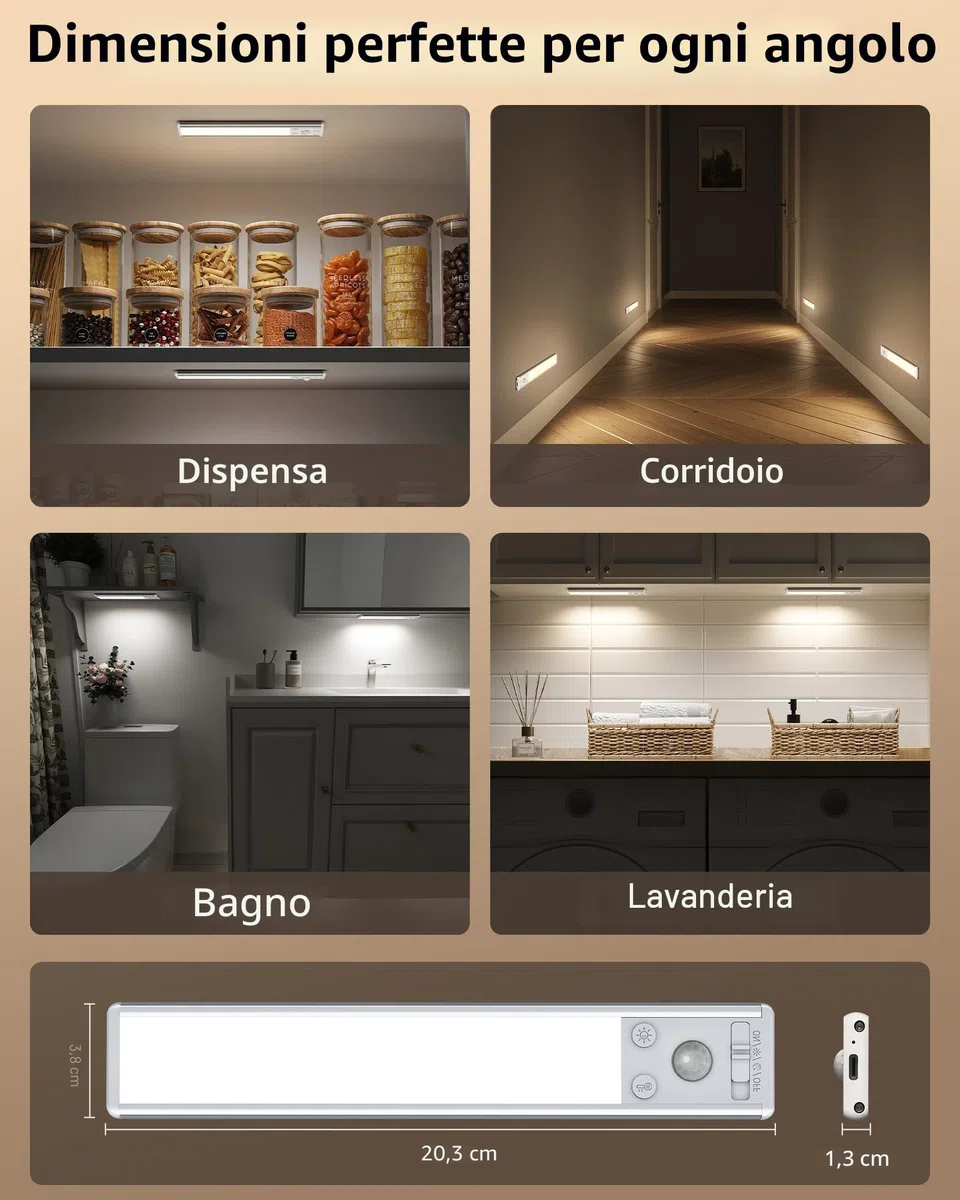 EZVALO Luce Armadio,Barra LED Sottopensile,20cm (2 Pezzi) 62 LED, 1600mAh,3 Temperature Regolabili,Dimmerabile Con Sensore Di Movimento 3 Modalità, Senza Fili Per Guardaroba、Cucina、Corridoio