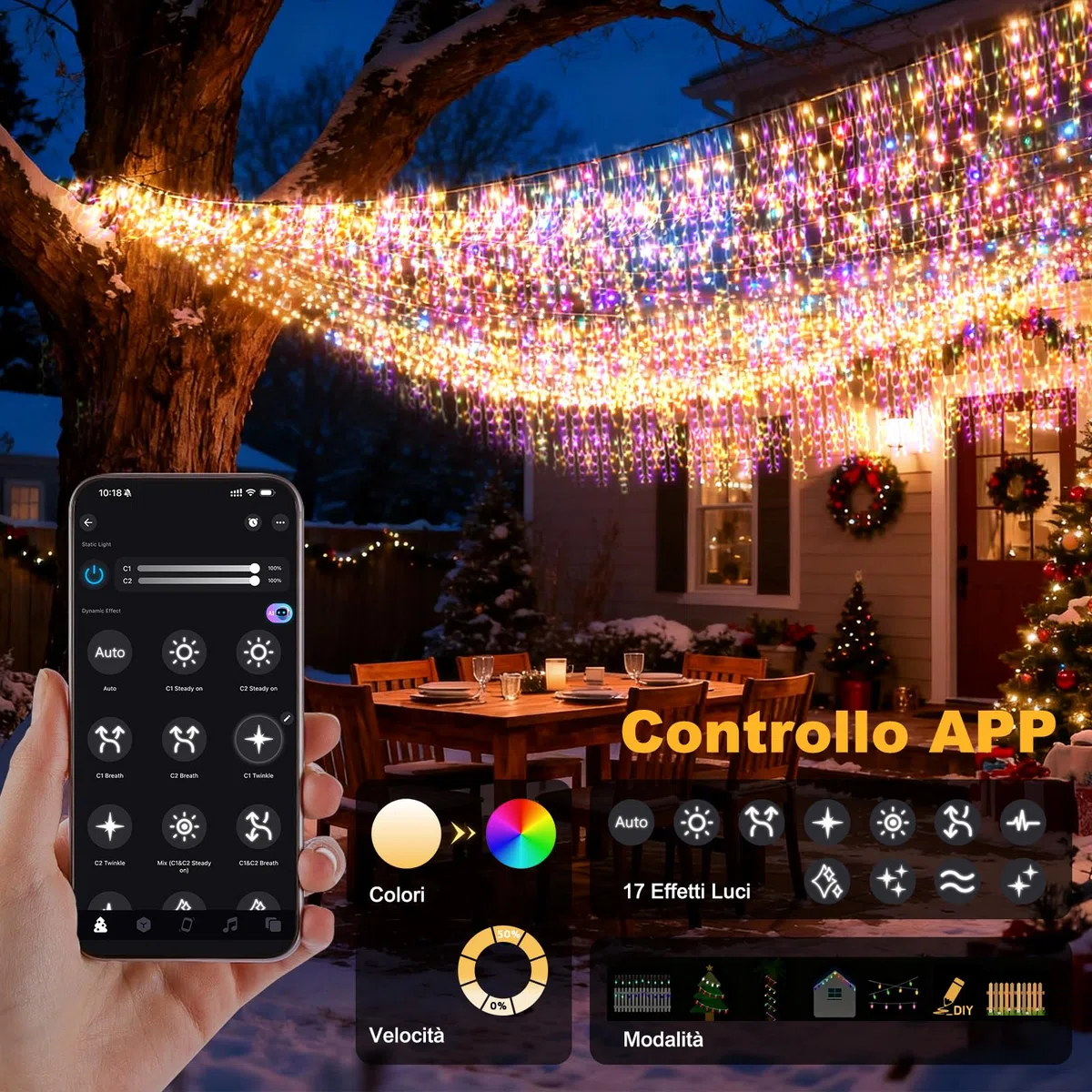 Luci Natale da Esterno Cascata, Luci Natale Esterno Bianco Caldo e RGB, Tenda Luci Natale Esterno con APP e Telecomando, 17 Modalità, 4 Luminosità, Timer, Decorazioni Natale Esterno(15M-600L,C/RGB)