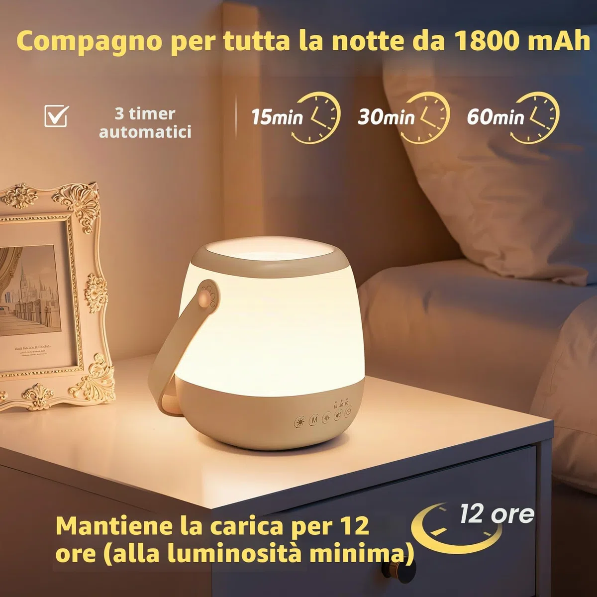 One Fire Lampada da Comodino, 16 Colori 5 Luminosità Luce Notturna Neonato,16 Rumore Bianco 6 Lullaby Lampade da Comodino, Telecomando Timer Lampada Notturna Bambini,USB Ricaricabile Lampada Comodino