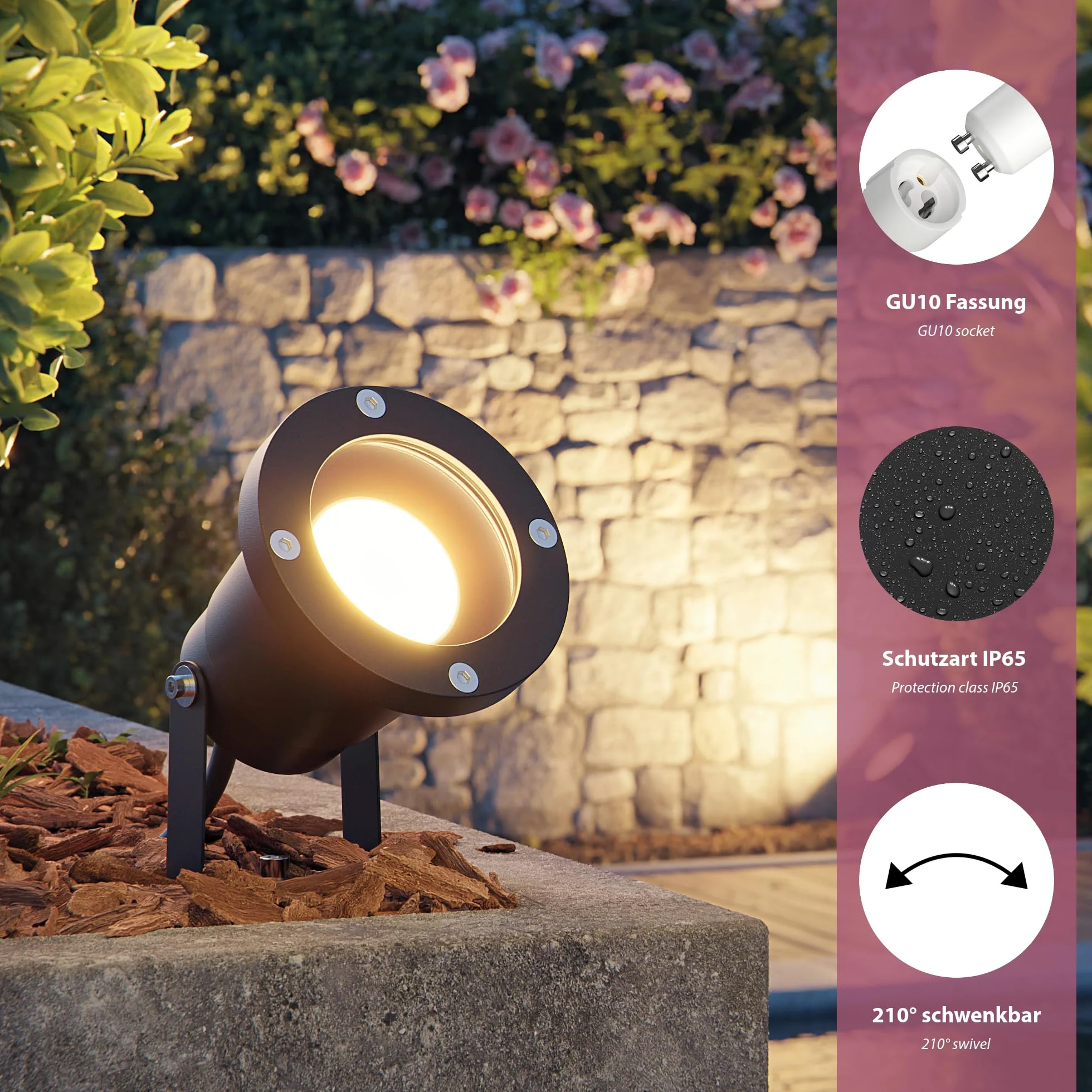 ledscom.de 2 faretti da giardino DUK per esterni, IP65, spina, nero, 1x GU10 max. 15W