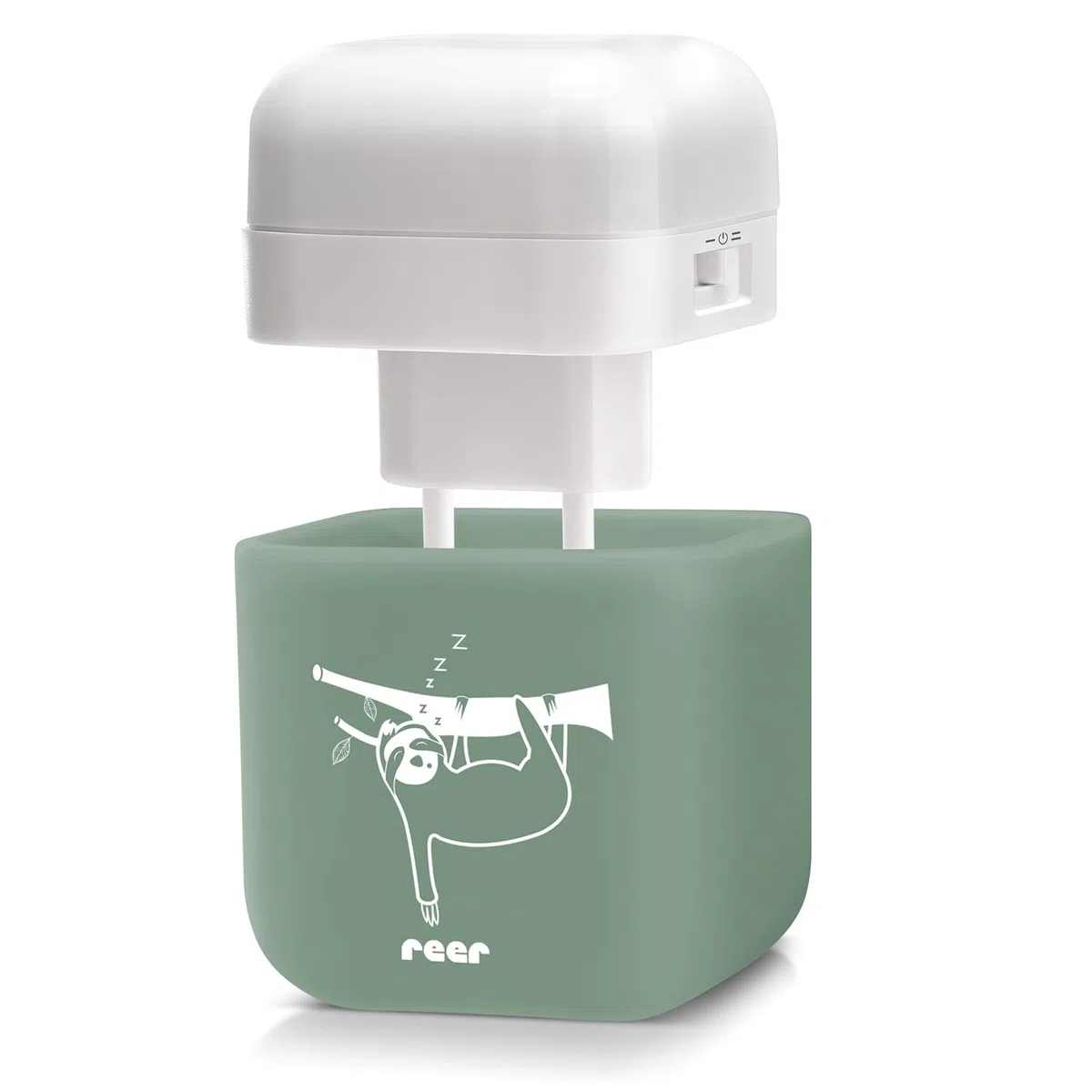 reer SleepLight 2 in 1, luce notturna per presa di corrente e con funzionamento a batteria, modalità on-off e sensore, luce d'atmosfera per bambini, eucalipto