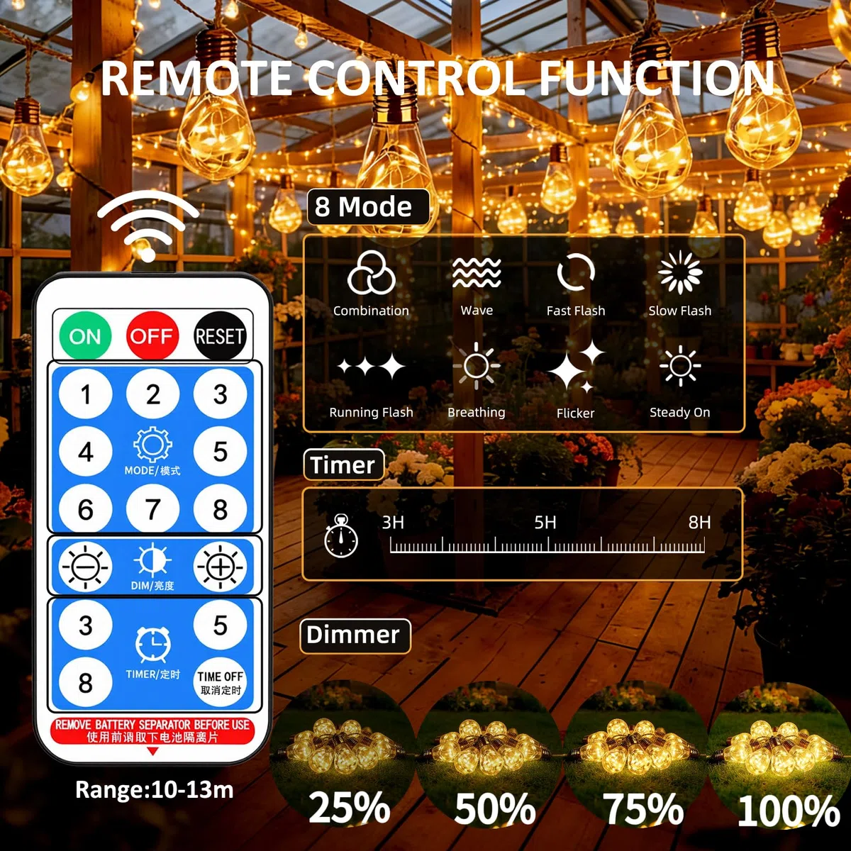 Caldarax 8M 16 LEDs Catena Luminosa Esterno Solare, Corda di Canapa Luci Solari Esterno, 8 Modalità, IP65 Impermeabile, Decorazione per Giardino, Cortile, Patio, Albero, Natale(Bianco Caldo)