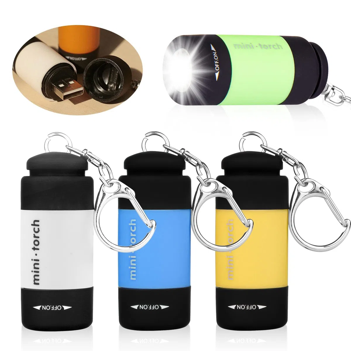 GOMETY 4 mini torcia LED per bambini, con rivestimento in silicone ricaricabile USB, impermeabile, con portachiavi (4, bianco, blu, verde, giallo)