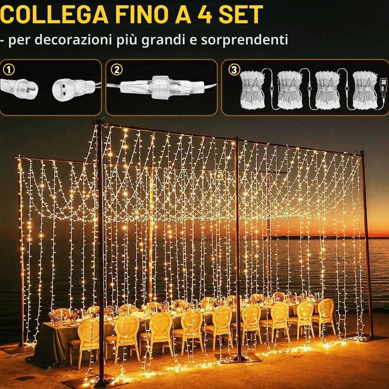 yowin Tenda Luminosa Esterno Interno 6m x 3m 600 LED Cascata Luci Impermeabile IP65 con Timer, 8 Modalità Luci Tenda con Presa per Matrimonio, Gazebo, Finestra, Parete, Giardino - Bianco Caldo
