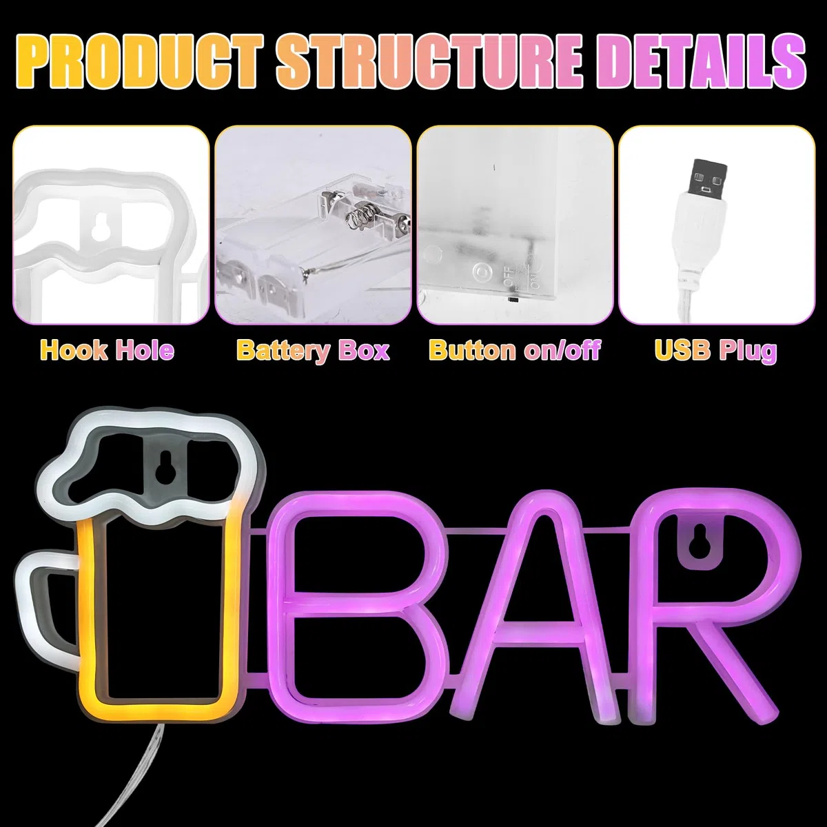GOMETY Cartello neon, LED Bar Neon Sign, USB o batteria 3-AA, luce blu per bar, decorazione da parete