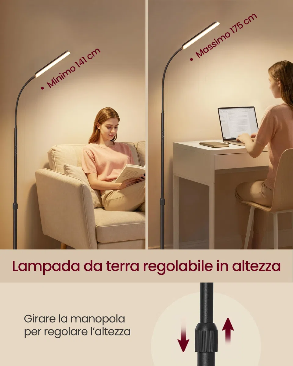 VASAGLE Lampada da Terra, Altezza Regolabile 141-175 cm, Piantana Moderna da 15 W con Testa Flessibile a 360°, Timer e Funzione di Memoria, Pulsante e Telecomando, Soggiorno, Nero Opaco LFL007BD02