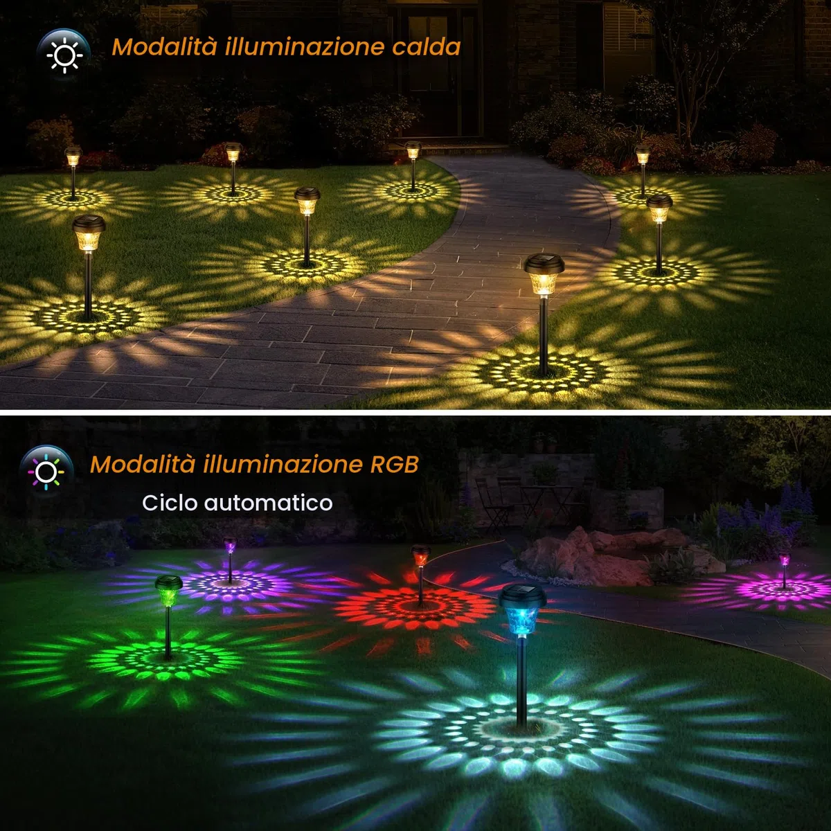 Luci da Esterno Giardino Solari 8 Pezzi, Lampade Solari da Giardino con Luce Calda e 7 Colori RGB, Illuminazione Luci Solare Esterno Impermeabile IP65 per Sentieri, Decorazione di Giardini