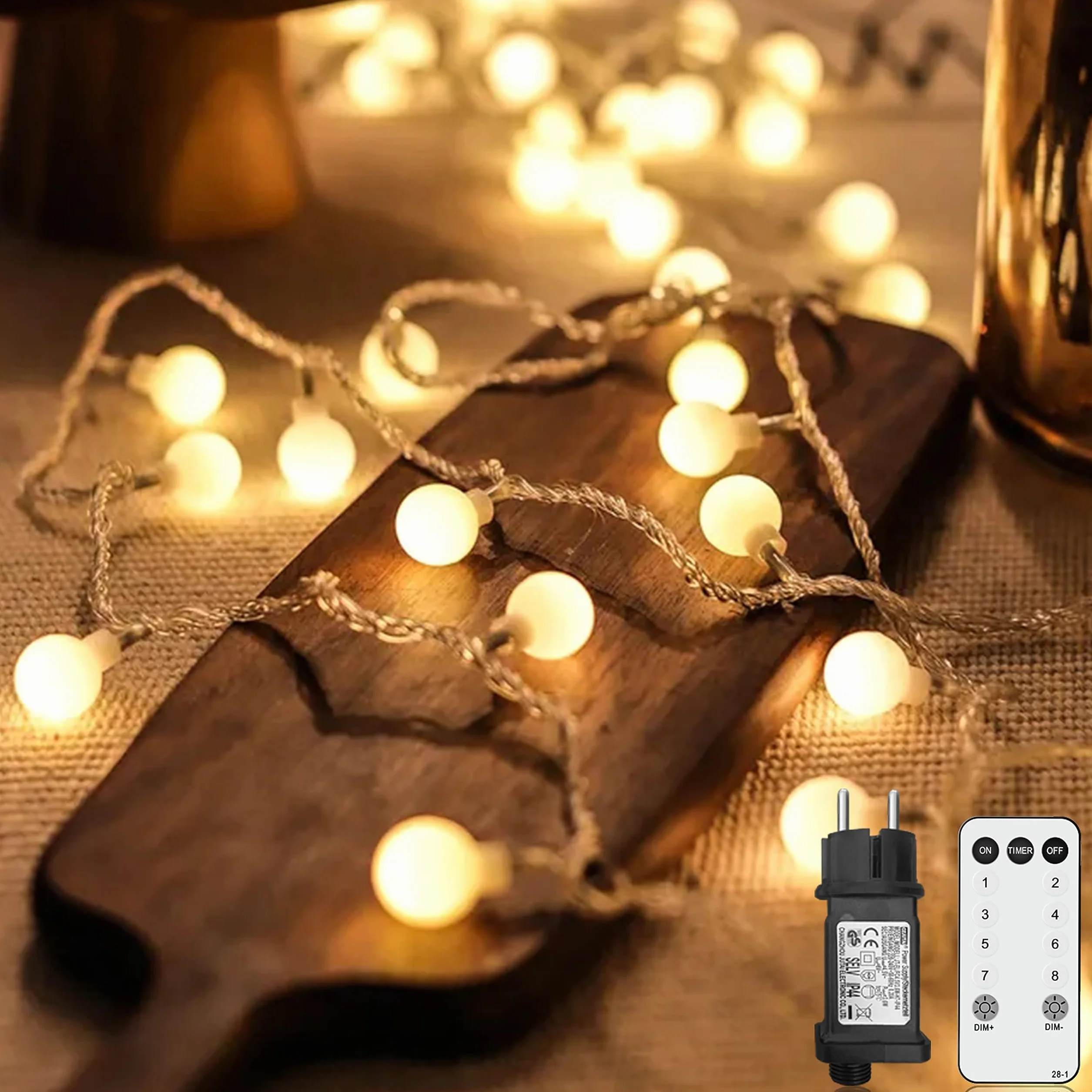Ghirlanda luminosa a sfera, 15 m, 120 LED, ghirlanda luminosa da esterno/interno, con spina, 8 modalità con telecomando, per camera da letto, interno, giardino, Natale e matrimonio (bianco caldo)