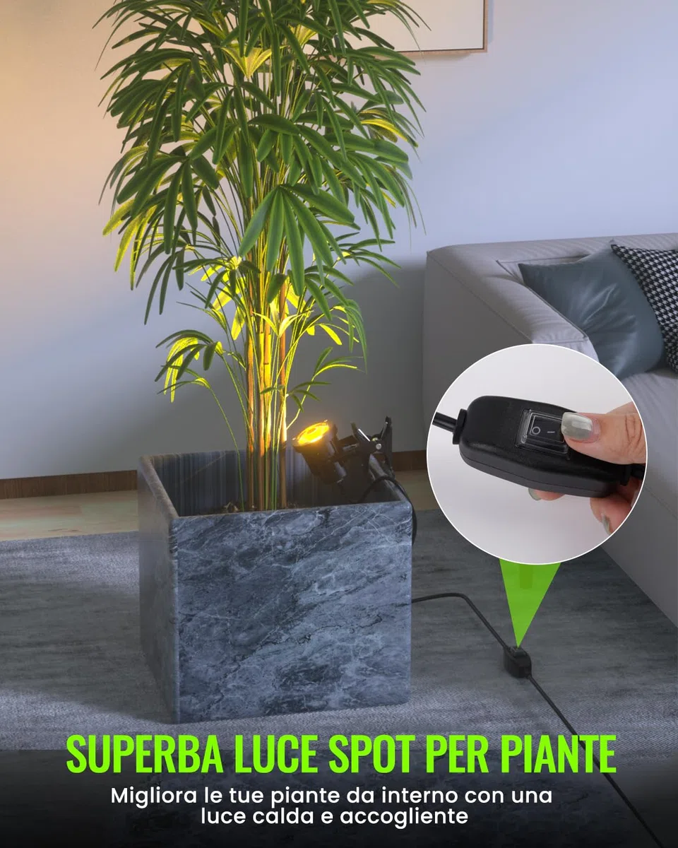 LED Faretto Morsetto a Pinza con Spina, IP65 Resistente all'Acqua Faretto da Interno e Esterno per Pianta, 7W Lampada Spot LED con Interruttore On/Off, Bianco Caldo 3000K, Cavo da 1,78 m