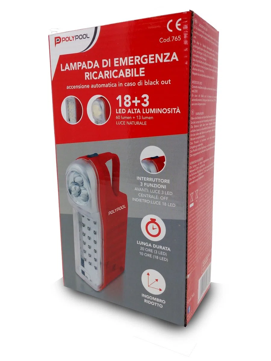 POLY POOL - PP0765 Lampada di Emergenza Portatile Ricaricabile 21 LED - Luce emergenza 3 Funzioni con Cavo 1m e Spina 10A - Lampada Emergenza Portatile con Manico 60+13lm - Luce Emergenza da Presa