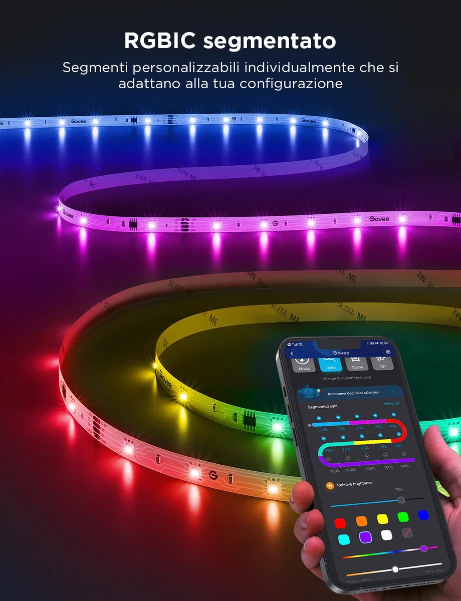 Govee Striscia LED 5M, RGBIC LED Strisce con Controllo a Segmenti, Sincronizzazione Musicale, 64 Modalità Scena, Controllabile tramite App, Cambio Colore, per Casa e Camera da Letto