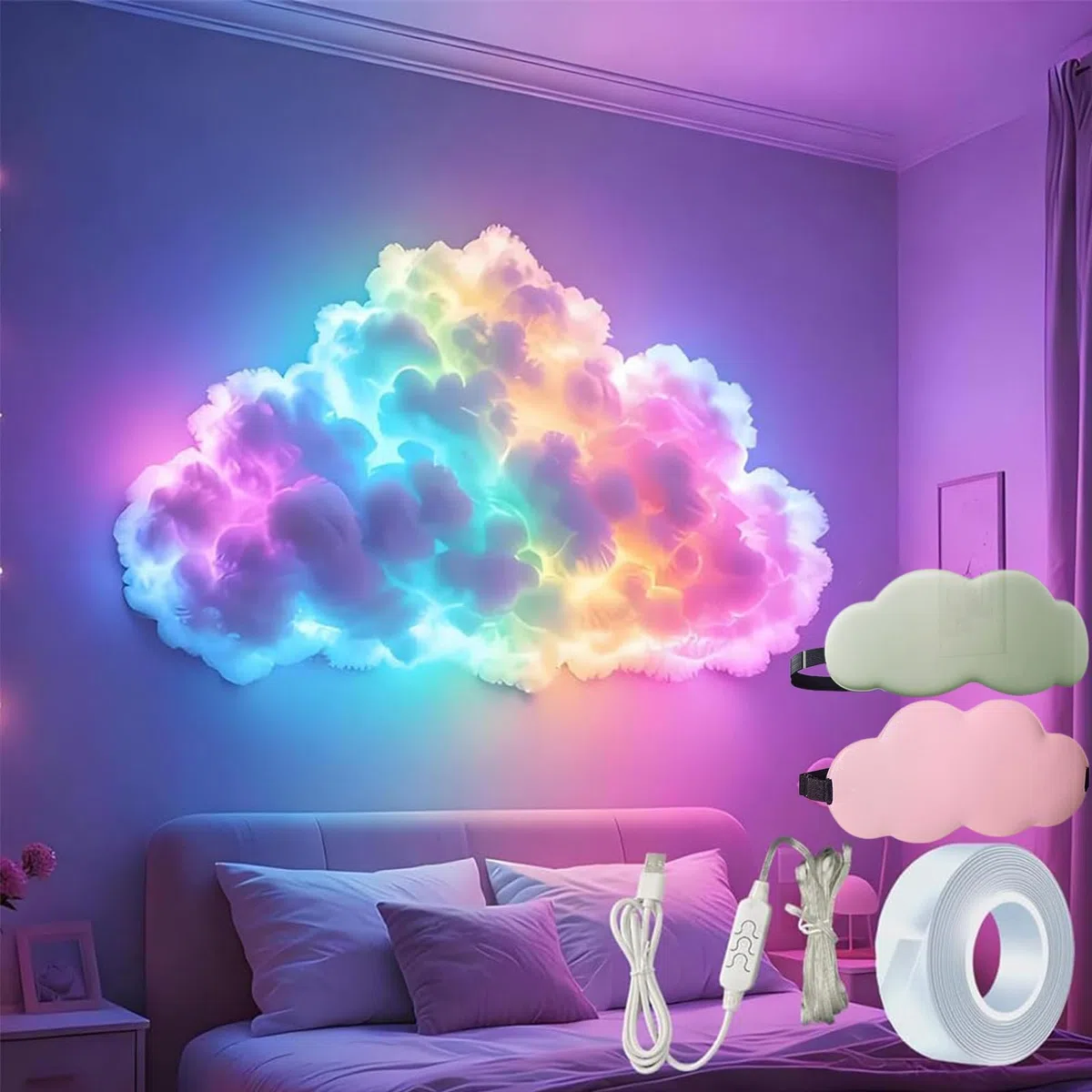 Decorazione LED a nuvola di tuono alimentata da USB fai da te, lampada LED a nuvole temporalesche RGB da 200/400/600/800 cm, kit di luci a nuvola grande 3D con fulmini per la decorazione della camera