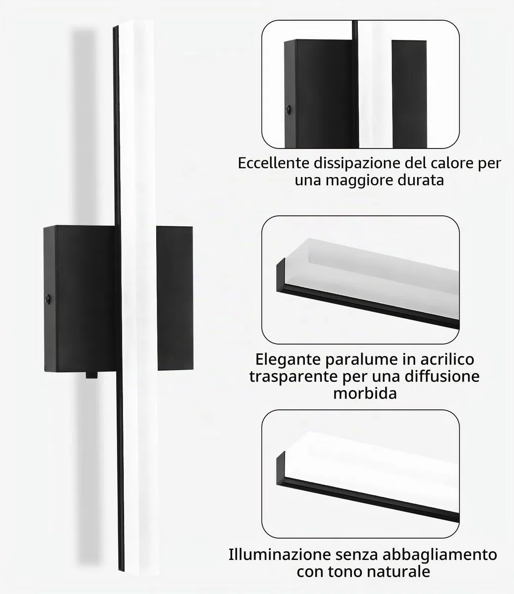 Lampada da Specchio Bagno 40CM, LED 3000-6000K con Interruttore Temperatura, Applique Moderna con Schermo Acrilico, Risparmio Energetico e Durevole, Design Moderno per un’Atmosfera Accogliente