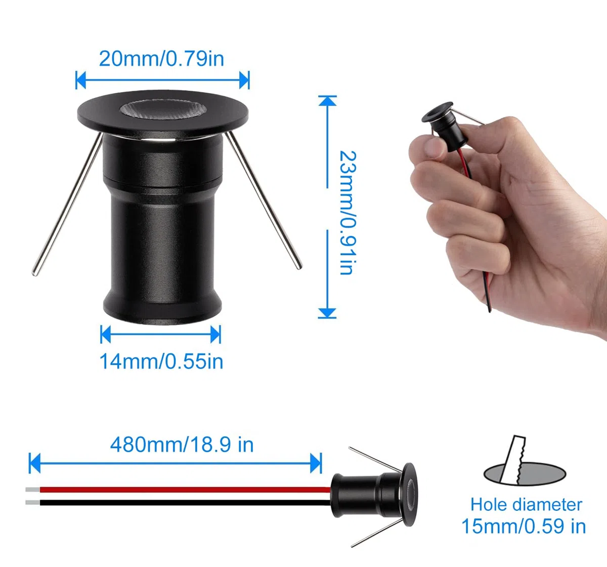 Mini faretto LED 902 30°, DC12V 1W, 80Ra, 75lm, dimensioni ridotte, installazione integrata, adatto per l'illuminazione di mobili come cantinette per vino, scarpiere, ecc.(4000K,Black,9Pack)