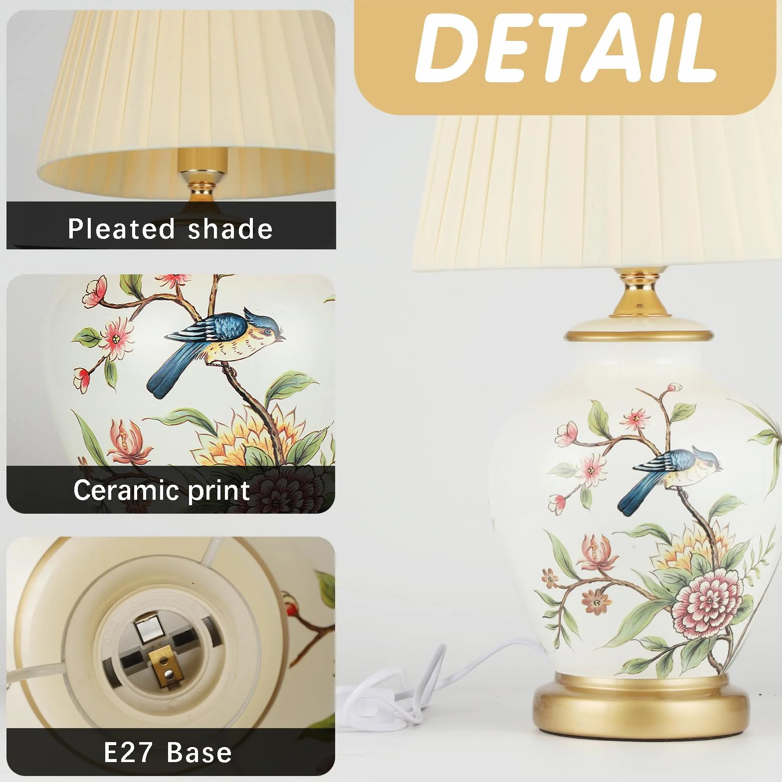 Lampada da tavolo in ceramica vintage, lampada da comodino per soggiorno, camera da letto in tessuto bianco, lampada da lettura, lampada da scrivania, lampada da notte stile moderno E27