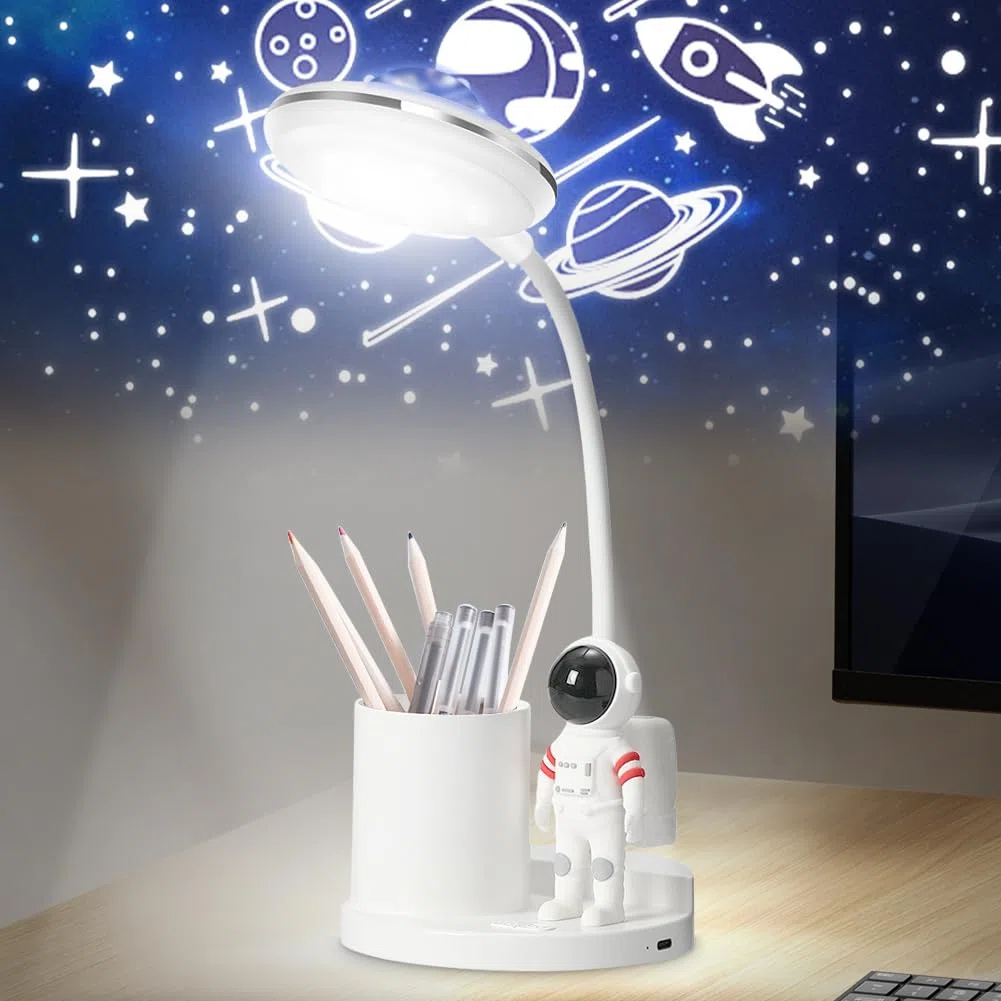 Lampada da scrivania LED per bambini, astronauta, lampada da tavolo portatile con supporto per penna, proiettore di cielo stellato, lampada da comodino, lampada da scrivania, dimmerabile, ricaricabile