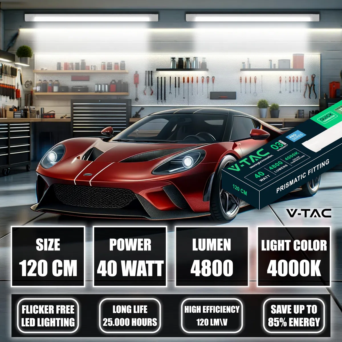 V-TAC 2x Plafoniera LED Lineare da Soffitto 120 CM - 40W - PRO SERIES - Lampada Rettangolare 4800 Lumen - IP20 per Parete, Garage, Negozio, Magazzino - Plafoniere Tubo - Luce Naturale 4000K