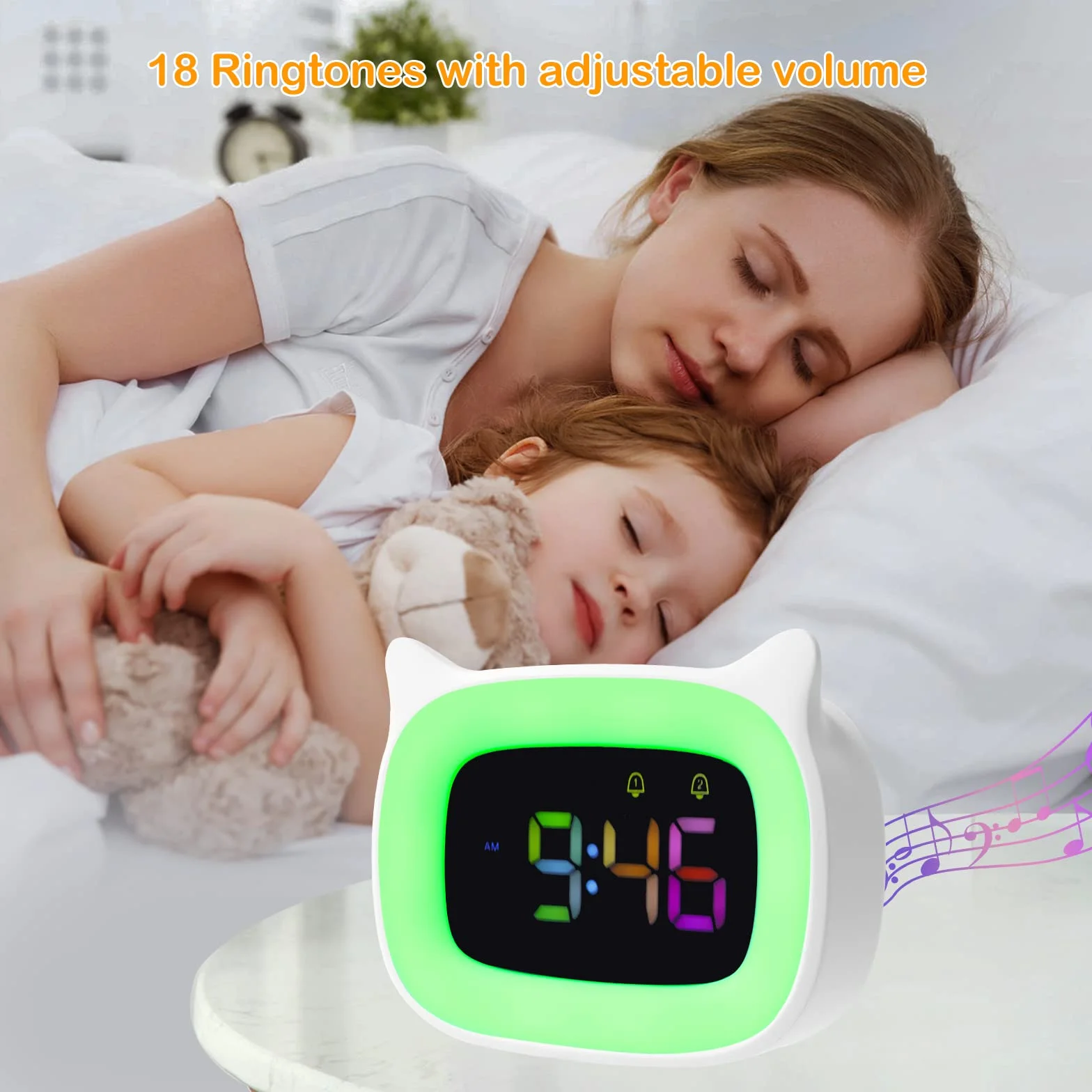 Seutgjie Sveglia Bambini, Sveglia da Comodino Bambini Ricaricabile Intelligente con RGB Luce per Ragazza Ragazzi Adolescenti 18 suonerie doppia sveglia modalità snooze 12/24 ore Bianco