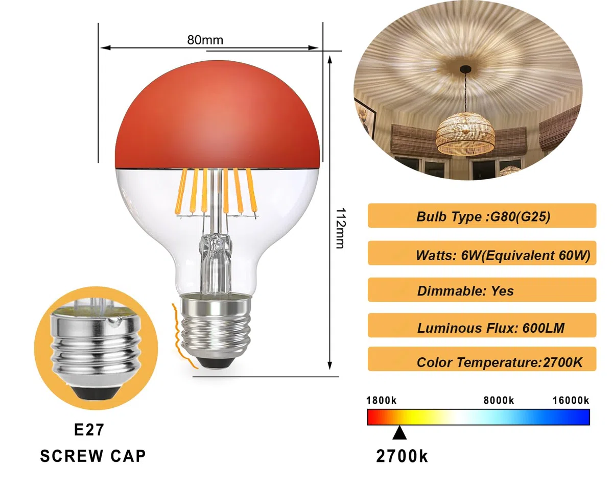 Lampada a LED G80 Filamento LED E27 6W 2700K testa specchiata Arancione dimmerabile 2pcs