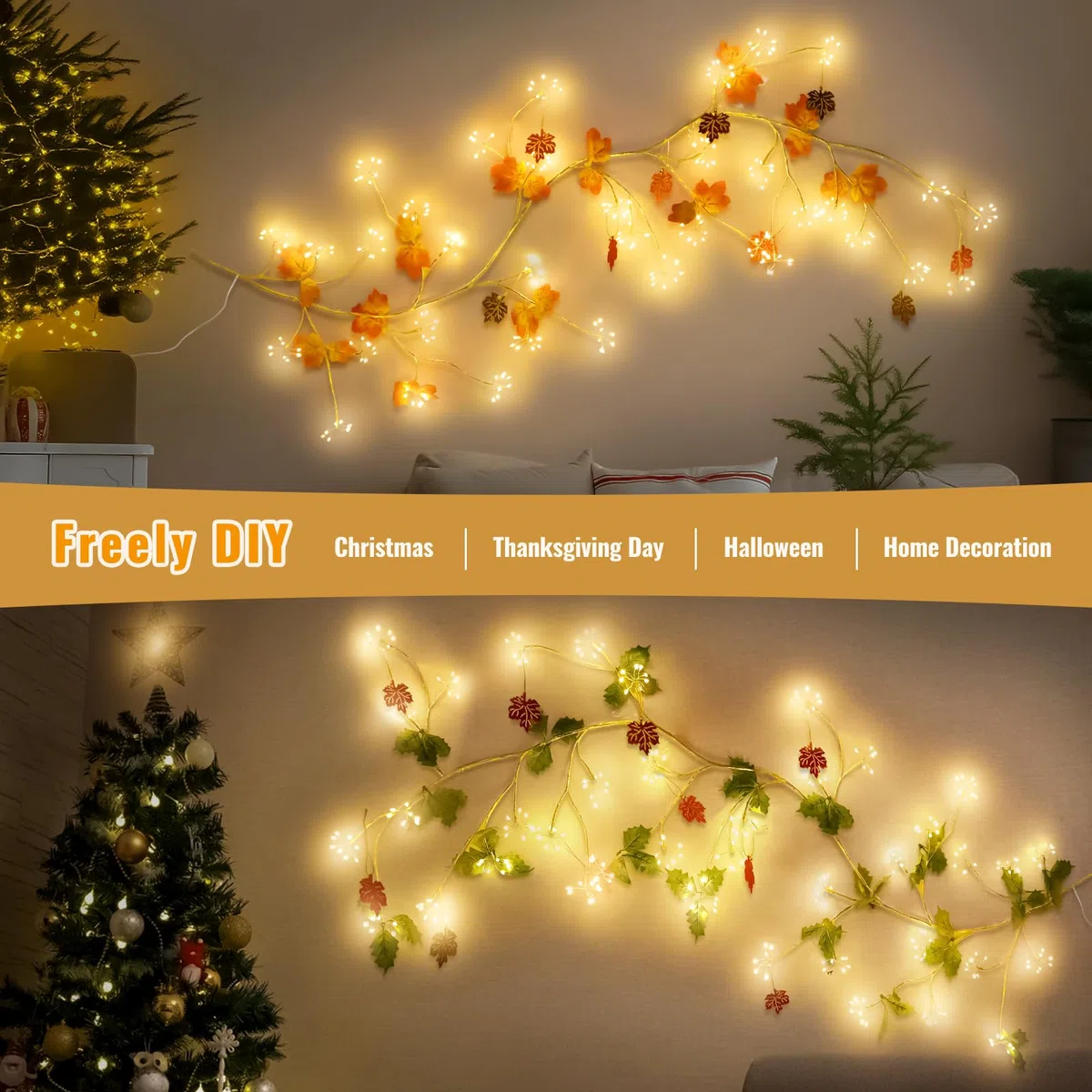 Ghirlanda Luminosa Luci a Fuochi d’Artificio, 8 Modalità Luci Albero con Telecomando e Timer, 288 LED Rami Albero Fai-da-te con Spina, Decorazione da Parete Interna per Camera da Letto e Natale