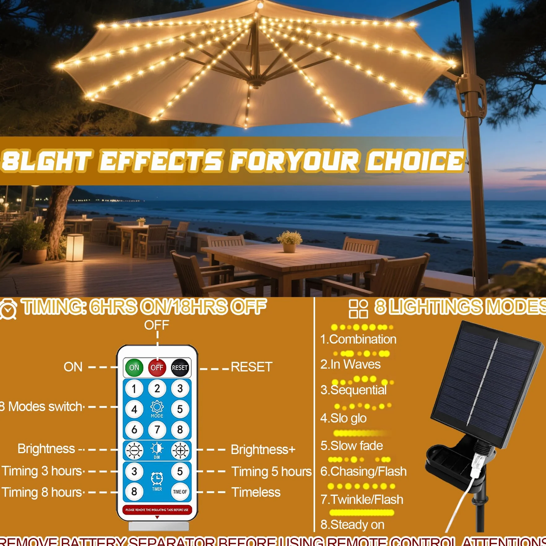 VEEKAY Luci Solari per Ombrellone,Llluminazione Solare per Ombrellone,104 LED Luci per Ombrelloni da Esterno,Telecomando,IP67 Impermeabile Catena di luci,8 Modalità di Luminosità,per Esterni,Patio