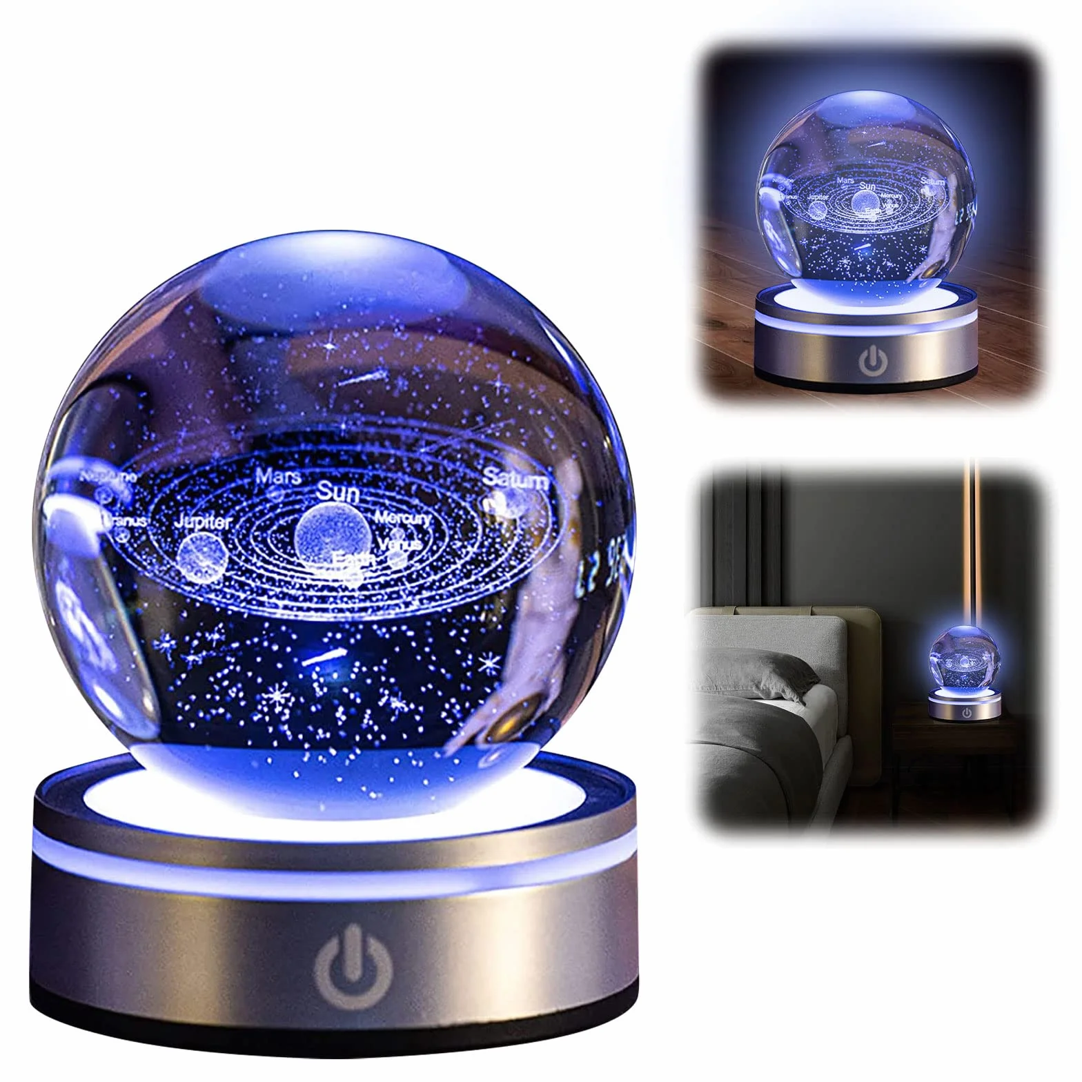 mumisuto Sfera di Cristallo 3D, Sfera di Cristallo 3D Sistema Solare, luce notturna 3d con sfera di cristallo con LED Light Up Base Casa Decorazione Ornamento Astronomia Regali educativi di Natale