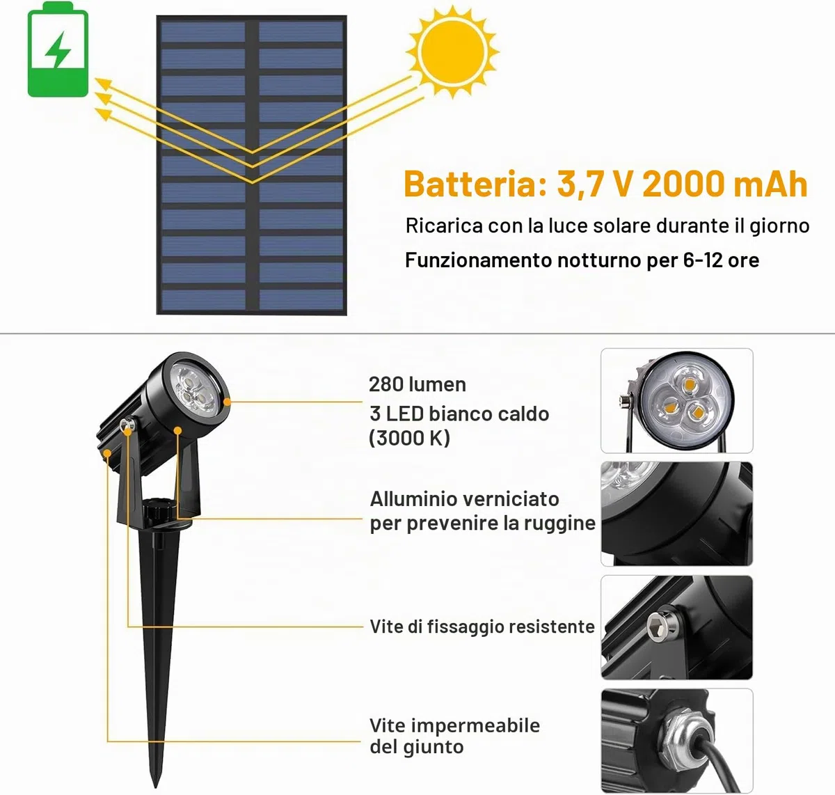 NATPOW Faretti Solari a Led da Esterno, 2 in 1 Luce 3000K Luci Solari da Giardino, 2 Modi, Automaticamente Acceso o Spento, Impermeabile IP65 Luci Esterne ad Energia Solare per Cortile, Patio, Alberi