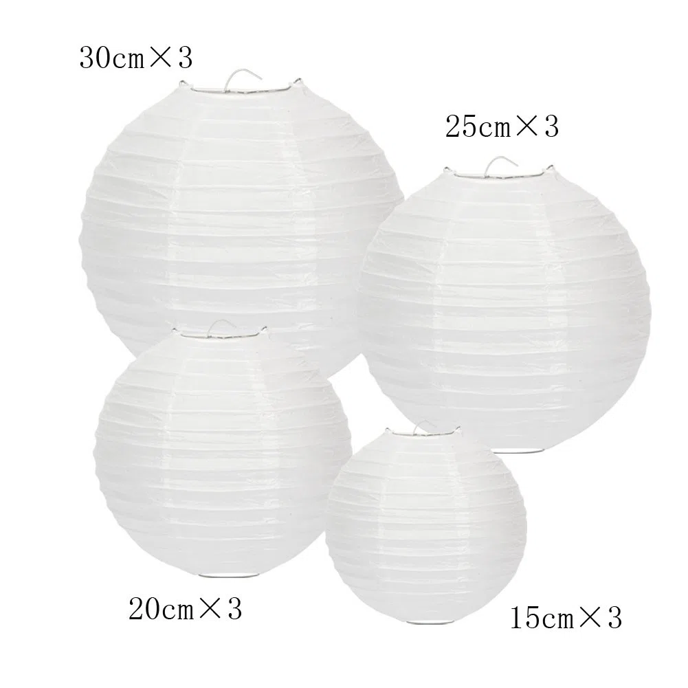 12 lanterne di carta bianca (diverse dimensioni) con 12 mini palloncini a LED bianco caldo, rotondo, paralume di carta, decorazione per il matrimonio