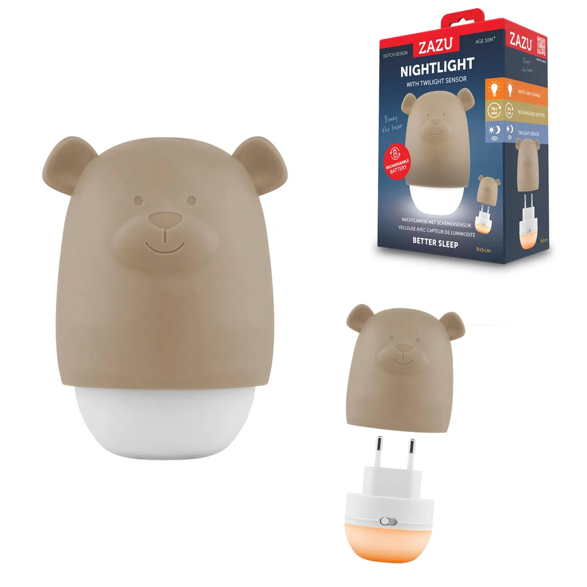 ZAZU Benny Luce notturna per bambini con sensore crepuscolare – Ricaricabile | Accensione automatica | Luce bianca e arancione | Portatile e presa | Batteria fino a 70 ore | Modalità viaggio | Lampada