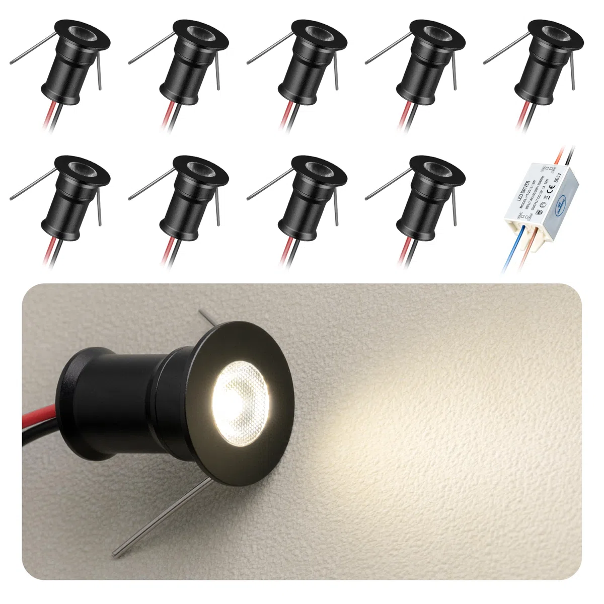 Mini faretto LED 902 30°, DC12V 1W, 80Ra, 75lm, dimensioni ridotte, installazione integrata, adatto per l'illuminazione di mobili come cantinette per vino, scarpiere, ecc.(4000K,Black,9Pack)