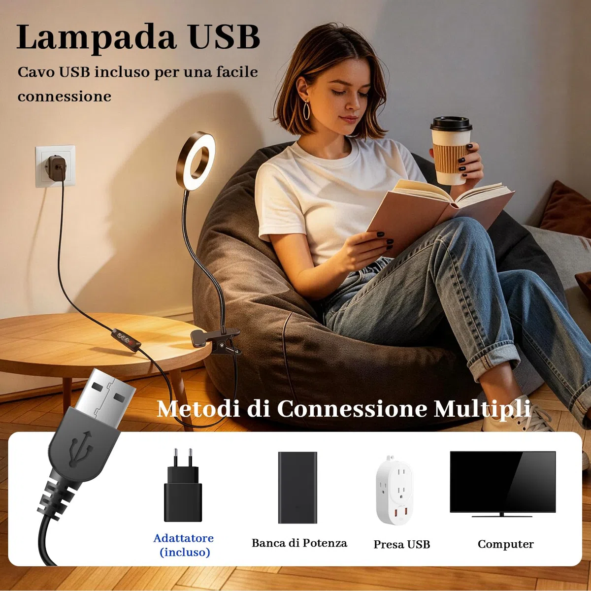 Akynite Lampada da Scrivania USB con Pinza e Timer, Adattatore incluso, 5 Colore 10 Intensità, Lampada Pinza Nera, 48 LED Lampada con Clip, Flessibile Lampada da Lettura Letto