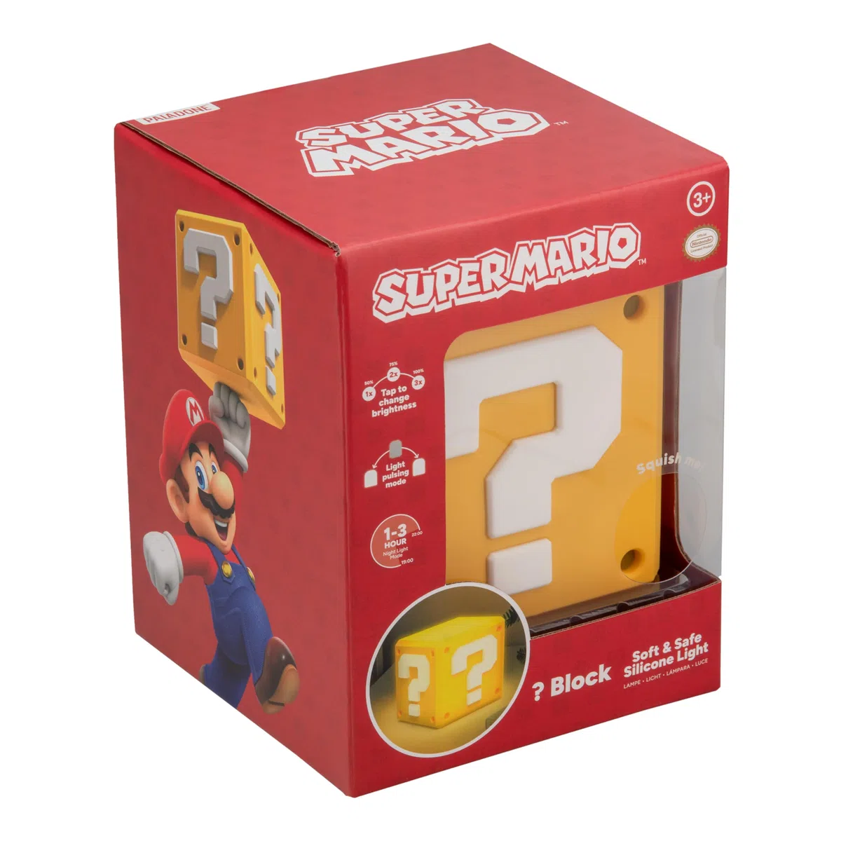 Paladone Lampada Super Mario Blocco SquishyGlo – Luce notturna LED in silicone ricaricabile, prodotto ufficiale Nintendo