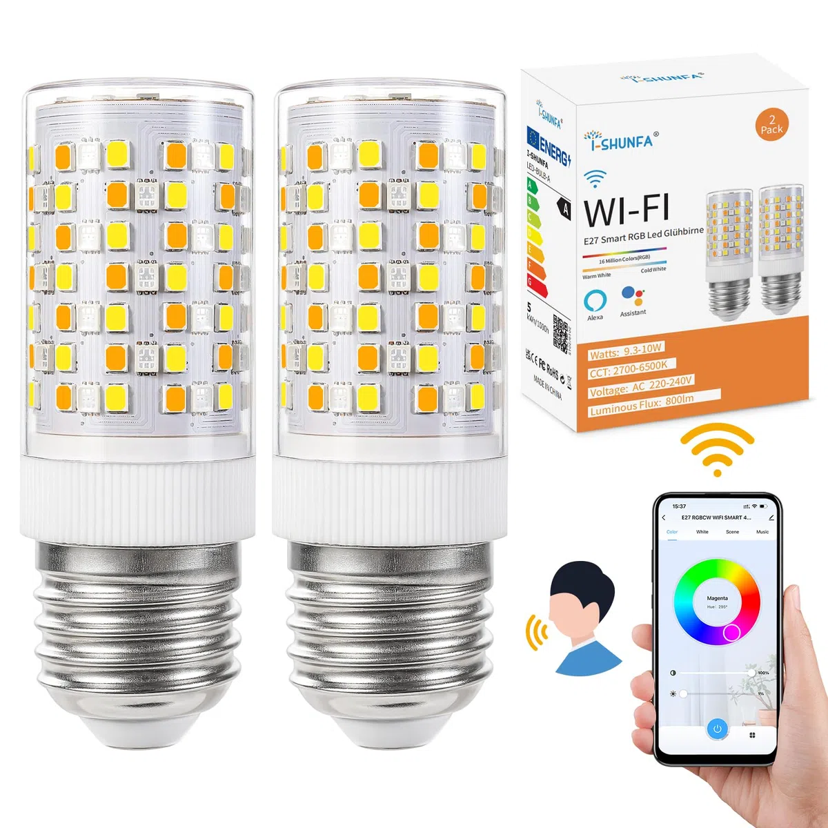 I-SHUNFA WiFi RGBWW E27 Led Lampadina intelligente,10W 800Lm (RGB & 2700K-6500K) AC 230V,cambio di colore con lampade a sincronizzazione musicale, Lavora con l'app Alexa Google home (2 pezzi)